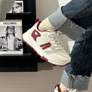 Women's Breathable Mesh Lightweight Soft-Soled Dad Shoes in Wine Red - Versatile Y2K White Sneakers for Everyday Style
