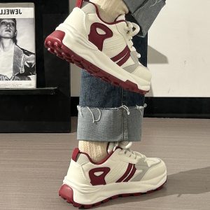 Women's Breathable Mesh Lightweight Soft-Soled Dad Shoes in Wine Red - Versatile Y2K White Sneakers for Everyday Style