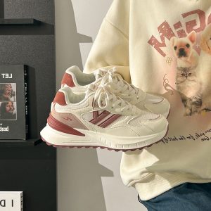 Women's Breathable Mesh Lightweight Soft-Soled Dad Shoes in Wine Red - Versatile Y2K White Sneakers for Everyday Style