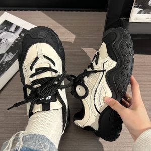 Women's Breathable Soft Sole Mesh Mountaineering Shoes - Versatile Black and White Old Daddy Style for Summer 2025