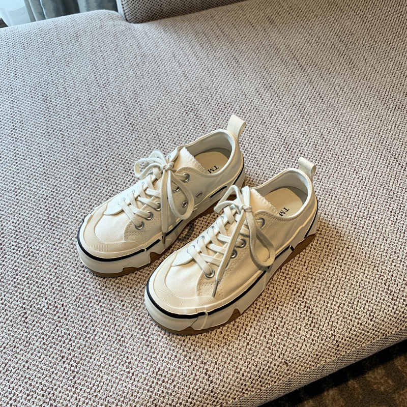 Women's Canvas Lace-Up Sneakers - 2025 Spring Korean Style Thick-Soled Low-Top Casual Shoes - Fashionable and Versatile for Everyday Wear