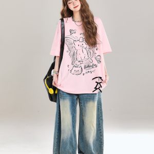 Women's Cartoon Bear Printed Short Sleeve T-Shirt - 2025 Summer Casual Loose Fit, Age-Reducing Style