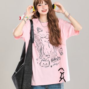 Women's Cartoon Bear Printed Short Sleeve T-Shirt - 2025 Summer Casual Loose Fit, Age-Reducing Style