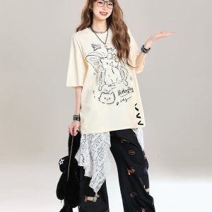 Women's Cartoon Bear Printed Short Sleeve T-Shirt - 2025 Summer Casual Loose Fit, Age-Reducing Style