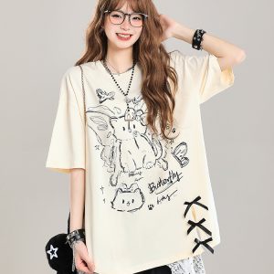 Women's Cartoon Bear Printed Short Sleeve T-Shirt - 2025 Summer Casual Loose Fit, Age-Reducing Style