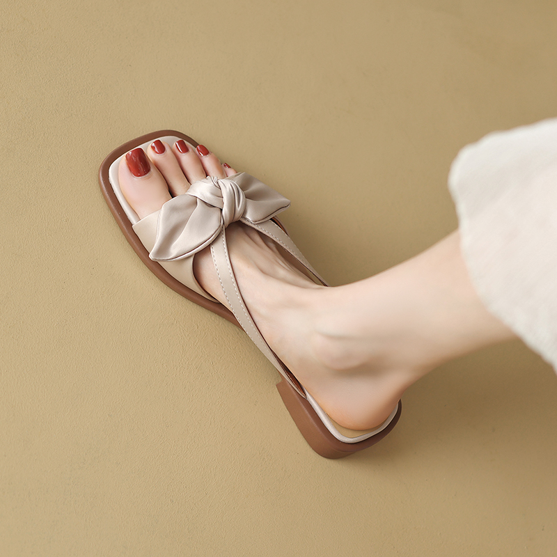 Women's Casual Chinese-Style Bow Open-Toe Flat Slide Sandals - Versatile Summer Footwear