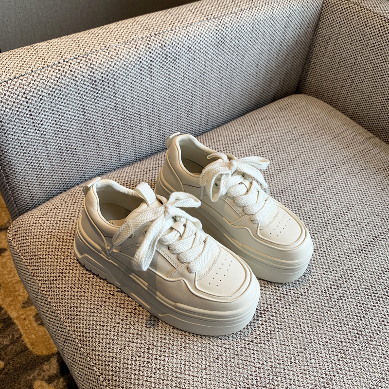Women's Casual Lace-Up Platform Sneakers - 2025 Thick-Soled White Genuine Leather Lightweight Sports Shoes