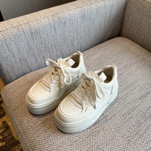 Women's Casual Lace-Up Platform Sneakers - 2025 Thick-Soled White Genuine Leather Lightweight Sports Shoes