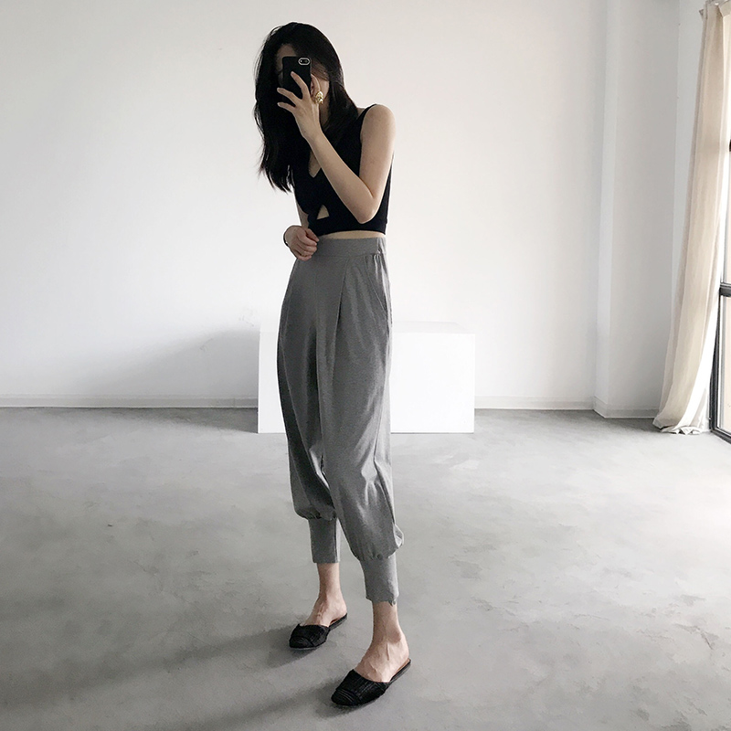Women's Casual Tapered Cotton Harem Pants with Pockets, Elastic Waist, Slim Fit, 9-Point Length, Trendy Relaxed Style