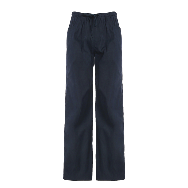 Women's Casual Wide Leg Pants - Simple Deep Blue Low Waist Elastic Drawstring Draped Street Style Trousers