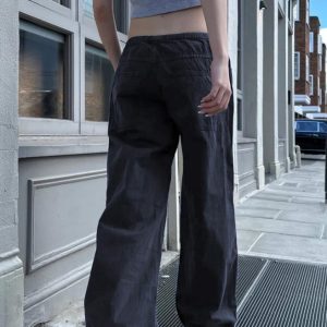 Women's Casual Wide Leg Pants - Simple Deep Blue Low Waist Elastic Drawstring Draped Street Style Trousers
