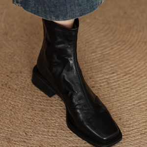 Women's Chunky Heel Ankle Boots - Slim Fit Square Toe Martin Boots for Autumn Winter 2024 in Black