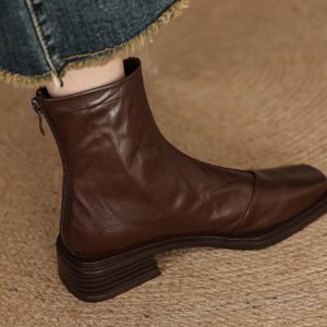 Women's Chunky Heel Ankle Boots - Slim Fit Square Toe Martin Boots for Autumn Winter 2024 in Black