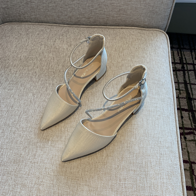 Women's Chunky Heel Rhinestone One-Strap Pointed Toe Shoes - Versatile Korean Style Hollow Design for Spring 2025