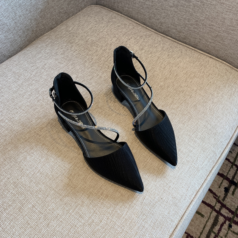 Women's Chunky Heel Rhinestone One-Strap Pointed Toe Shoes - Versatile Korean Style Hollow Design for Spring 2025