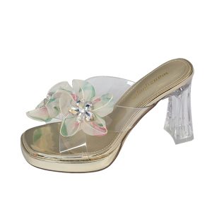Women's Chunky Heel Transparent High Heels - Thick-Soled Rhinestone Slide Sandals, Waterproof Platform for Summer 2025