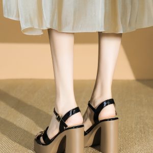 Women's Chunky-Heeled Patent Leather One-Strap Sandals - Summer Thick-Soled Platform Shoes for Comfort and Style 2025