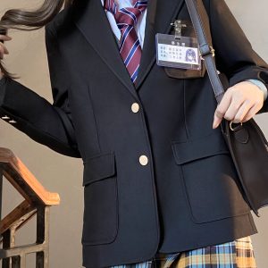 Women's College Style Black Suit Jacket - Dark Blue Three-Button Blazer, Trendy JK Uniform for Female Students