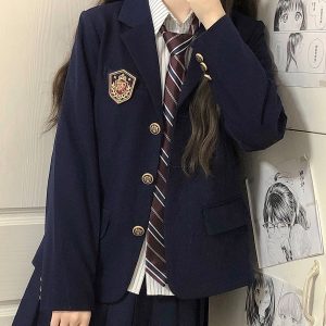 Women's College Style Black Suit Jacket - Dark Blue Three-Button Blazer, Trendy JK Uniform for Female Students
