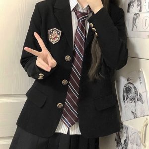 Women's College Style Black Suit Jacket - Dark Blue Three-Button Blazer, Trendy JK Uniform for Female Students