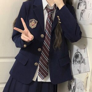Women's College Style Black Suit Jacket - Dark Blue Three-Button Blazer, Trendy JK Uniform for Female Students