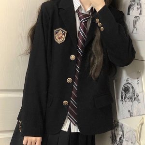 Women's College Style Black Suit Jacket - Dark Blue Three-Button Blazer, Trendy JK Uniform for Female Students