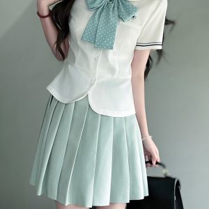 Women's College Style JK Uniform Set - Pudding Bear Original Waist-Defining Short Sleeve Shirt - Summer 2025 Fashion