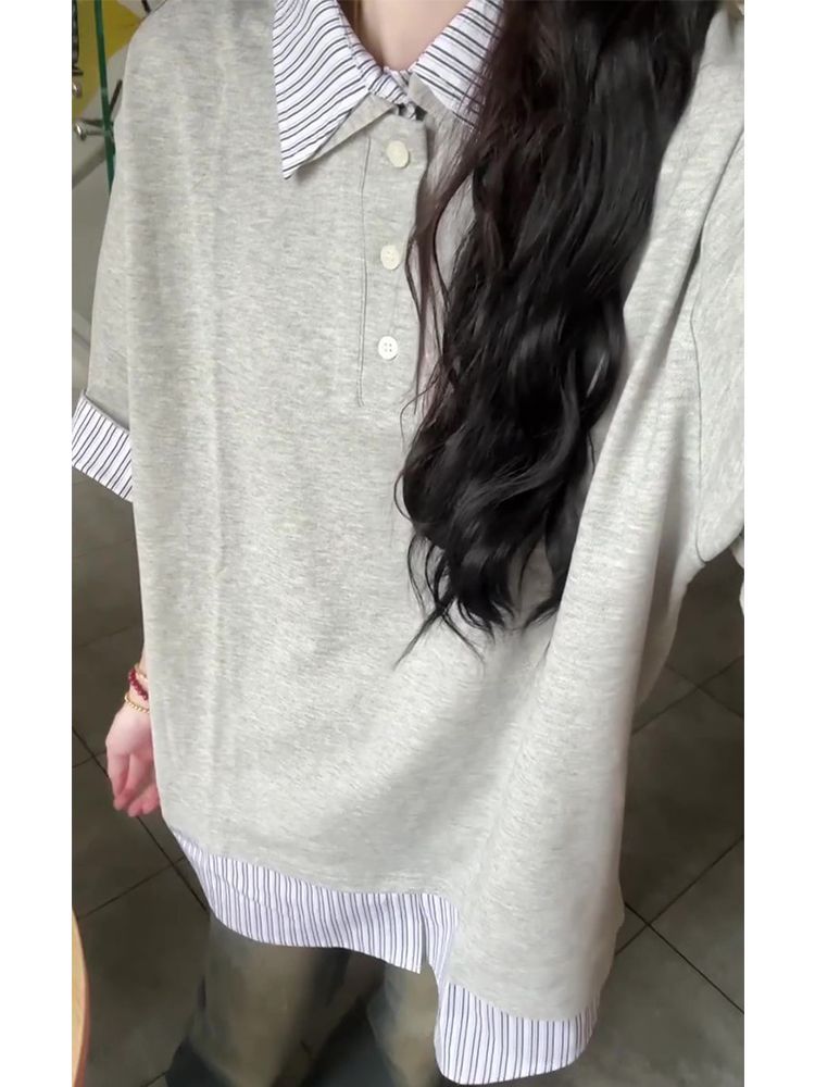 Women's College Style Patchwork Striped Faux Two-Piece Polo Collar Short-Sleeve T-Shirt - Unique Gray Summer Top Women's College Style Patchwork Striped Faux Two-Piece Polo Collar Short-Sleeve T-Shirt - Unique Gray Summer Top