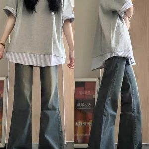 Women's College Style Patchwork Striped Faux Two-Piece Polo Collar Short-Sleeve T-Shirt - Unique Gray Summer Top