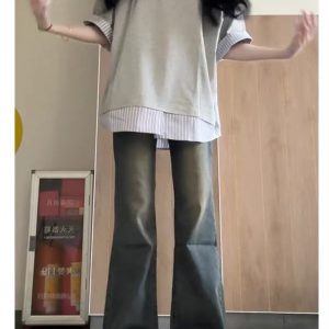 Women's College Style Patchwork Striped Faux Two-Piece Polo Collar Short-Sleeve T-Shirt - Unique Gray Summer Top