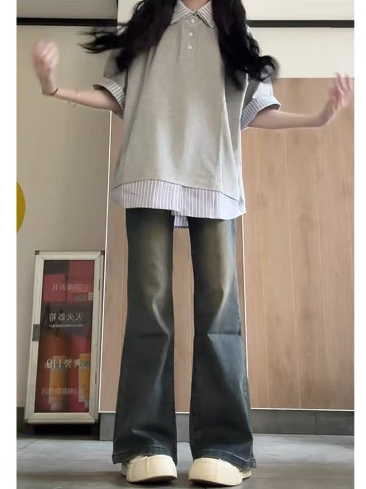 Women's College Style Patchwork Striped Faux Two-Piece Polo Collar Short-Sleeve T-Shirt - Unique Gray Summer Top Women's College Style Patchwork Striped Faux Two-Piece Polo Collar Short-Sleeve T-Shirt - Unique Gray Summer Top