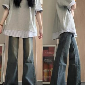 Women's College Style Patchwork Striped Faux Two-Piece Polo Collar Short-Sleeve T-Shirt - Unique Gray Summer Top