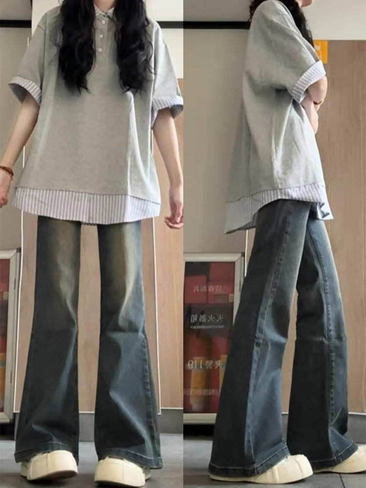 Women's College Style Patchwork Striped Faux Two-Piece Polo Collar Short-Sleeve T-Shirt - Unique Gray Summer Top Women's College Style Patchwork Striped Faux Two-Piece Polo Collar Short-Sleeve T-Shirt - Unique Gray Summer Top