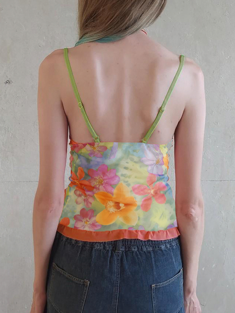 Women's Colorful Floral Mesh Spaghetti Strap Vest - Forest Fairy Summer Bow Top - Y2K Dopamine Aesthetic Women's Colorful Floral Mesh Spaghetti Strap Vest - Forest Fairy Summer Bow Top - Y2K Dopamine Aesthetic
