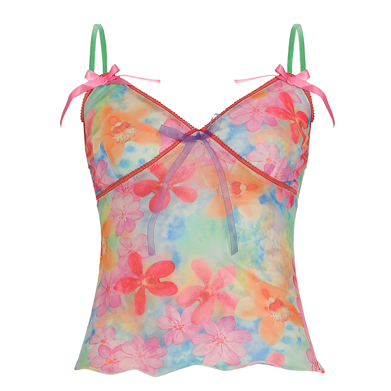 Women's Colorful Floral Mesh Spaghetti Strap Vest - Forest Fairy Summer Bow Top - Y2K Dopamine Aesthetic