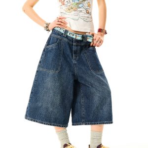 Women's Cross Print Denim Capri Pants - American Deconstructed Loose Wide-Leg Shorts for Casual 90s Y2K Style