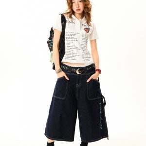 Women's Cross Print Denim Capri Pants - American Deconstructed Loose Wide-Leg Shorts for Casual 90s Y2K Style