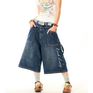Women's Cross Print Denim Capri Pants - American Deconstructed Loose Wide-Leg Shorts for Casual 90s Y2K Style