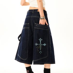 Women's Cross Print Denim Capri Pants - American Deconstructed Loose Wide-Leg Shorts for Casual 90s Y2K Style