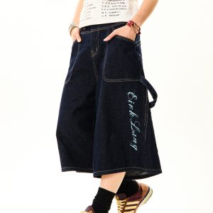 Women's Cross Print Denim Capri Pants - American Deconstructed Loose Wide-Leg Shorts for Casual 90s Y2K Style