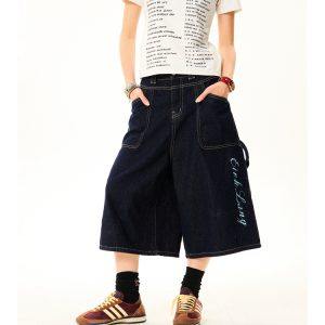 Women's Cross Print Denim Capri Pants - American Deconstructed Loose Wide-Leg Shorts for Casual 90s Y2K Style