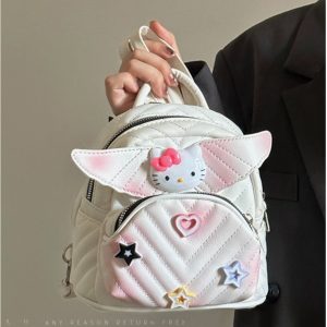 Women's Diamond Quilted Embroidered KT Wings Backpack - Cute Casual 2024 Fashionable Bag