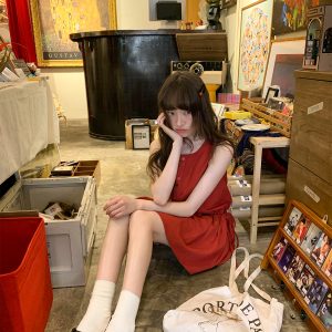 Women's Drawstring Waist Vest Dress, Round Neck A-Line Doll Dress, New Summer Fashion, Loose Fit, Casual Style