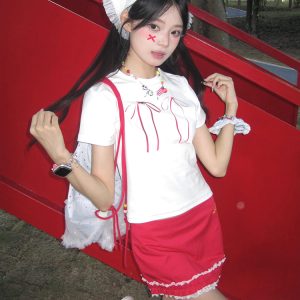 Women's Fitted Bow Tie Print T-Shirt - Sweet and Spicy Short Sleeve Top, Summer Style, Pure Cotton, Slimming Fit