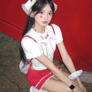 Women's Fitted Bow Tie Print T-Shirt - Sweet and Spicy Short Sleeve Top, Summer Style, Pure Cotton, Slimming Fit