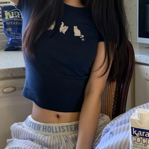 Women's Fitted Slim Pure Cotton High-Stretch T-Shirt with Cute Cat Cartoon Design - Korean Style Short Sleeve