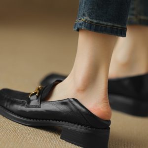 Women's Flat Loafers with Metal Buckle - Small Sheepskin Round Toe Slip-On Shoes in British Style for Spring/Summer