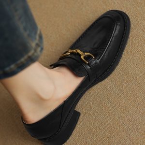 Women's Flat Loafers with Metal Buckle - Small Sheepskin Round Toe Slip-On Shoes in British Style for Spring/Summer