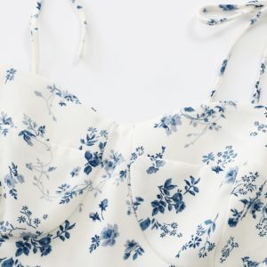 Women's Floral Spaghetti Strap Short Dress - French Style Vacation Dress for Summer 2025 in White - Small Size