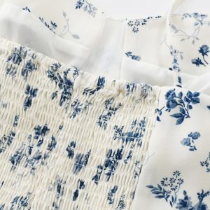 Women's Floral Spaghetti Strap Short Dress - French Style Vacation Dress for Summer 2025 in White - Small Size